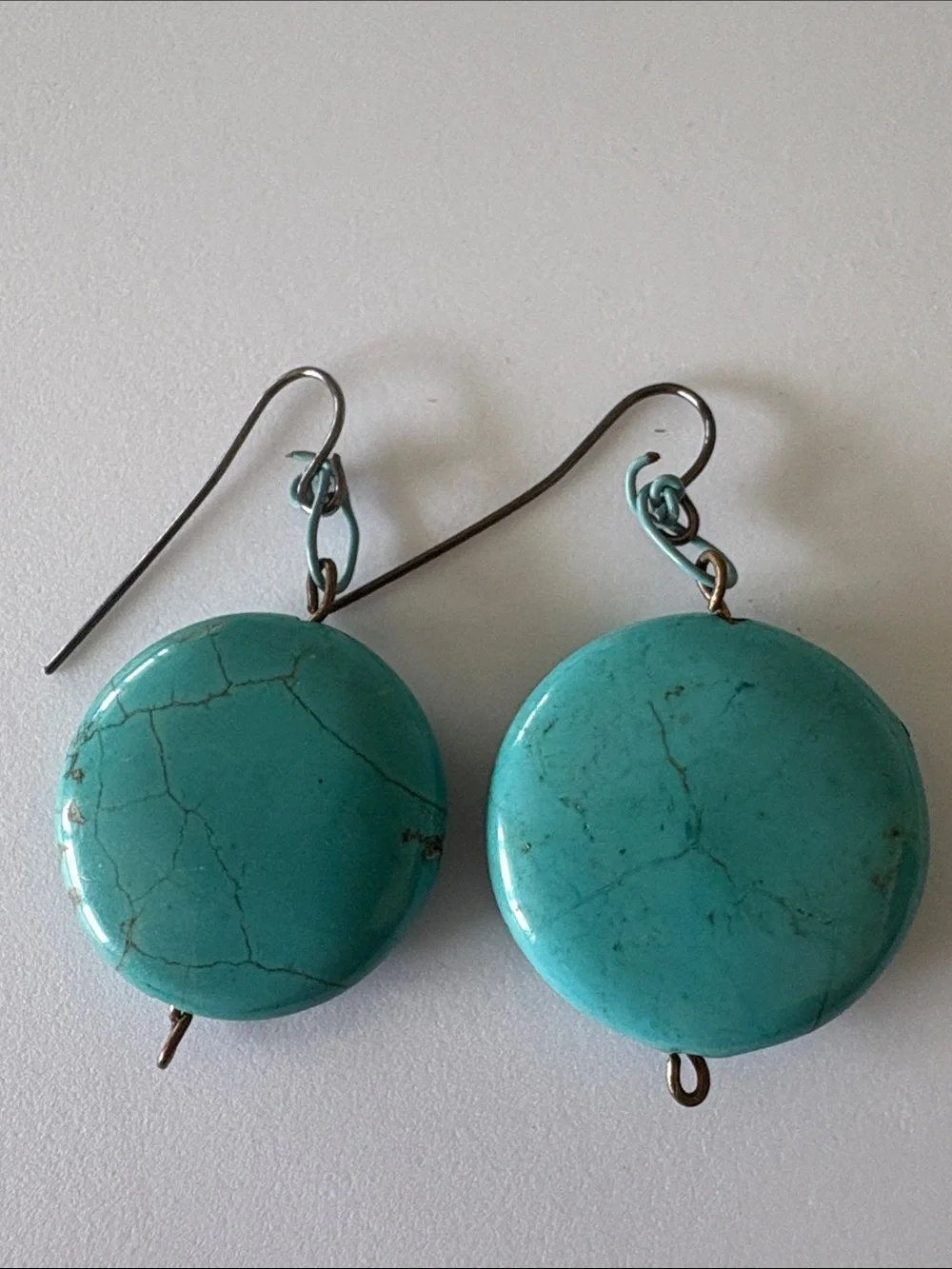 Handmade Faux Turquoise Disc Dangle Earrings Boho Southwestern Statement